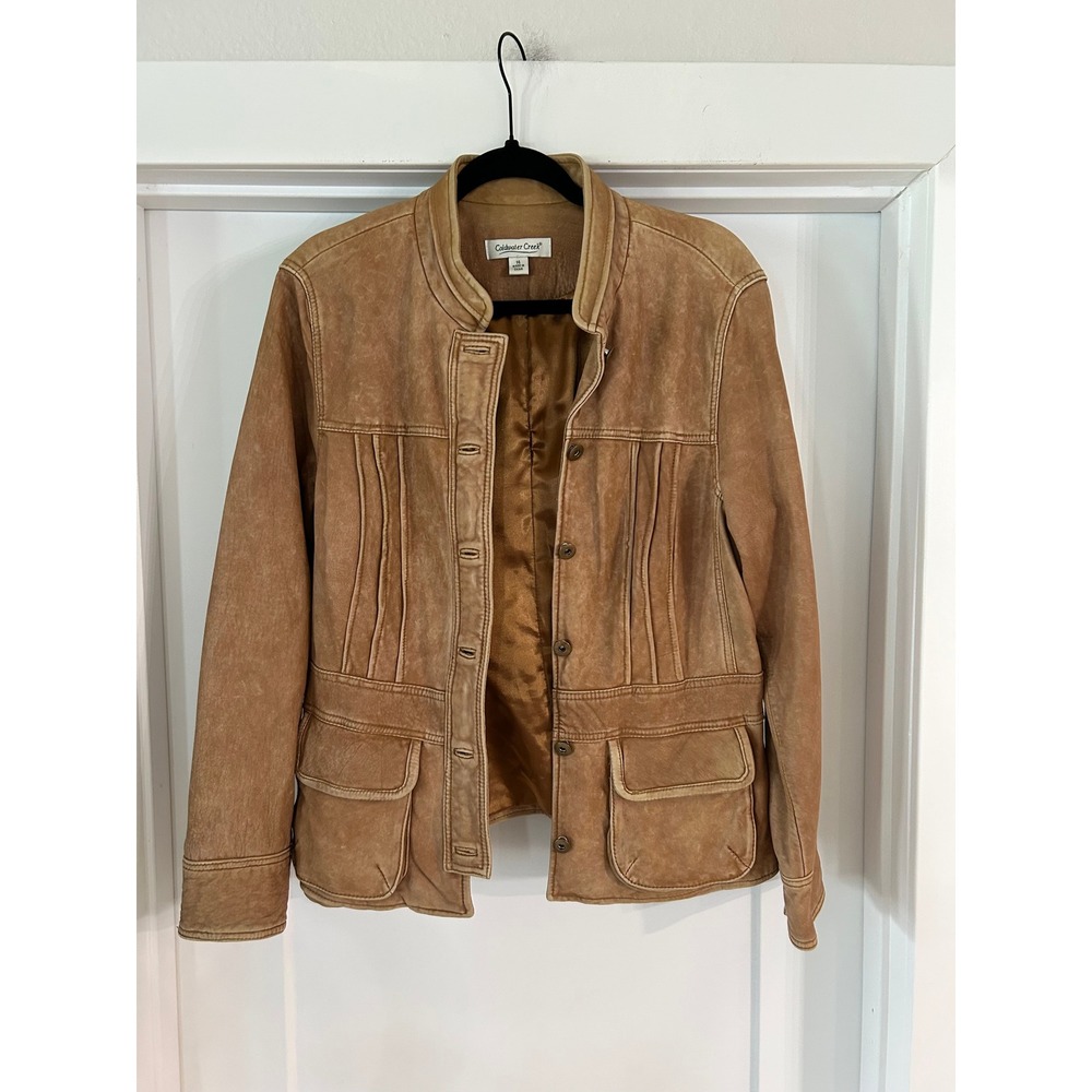 Coldwater Creek Womens Tan Distressed Leather Pintuck Button Front Jacket 14